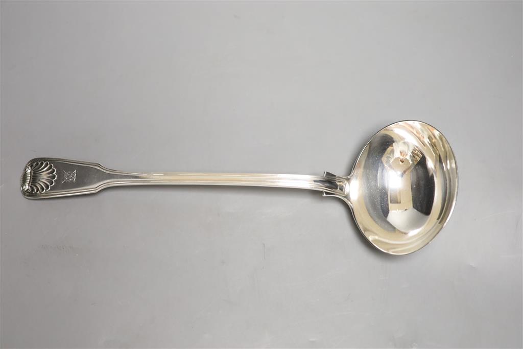 A Victorian silver fiddle, thread and shell pattern sauce ladle, Elizabeth Eaton, London, 1855, 33.5oz, 9.5oz,
